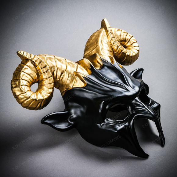 Krampus Ram Demon with Horns Devil Halloween Mask - Black  Gold - Picture 3 of 5